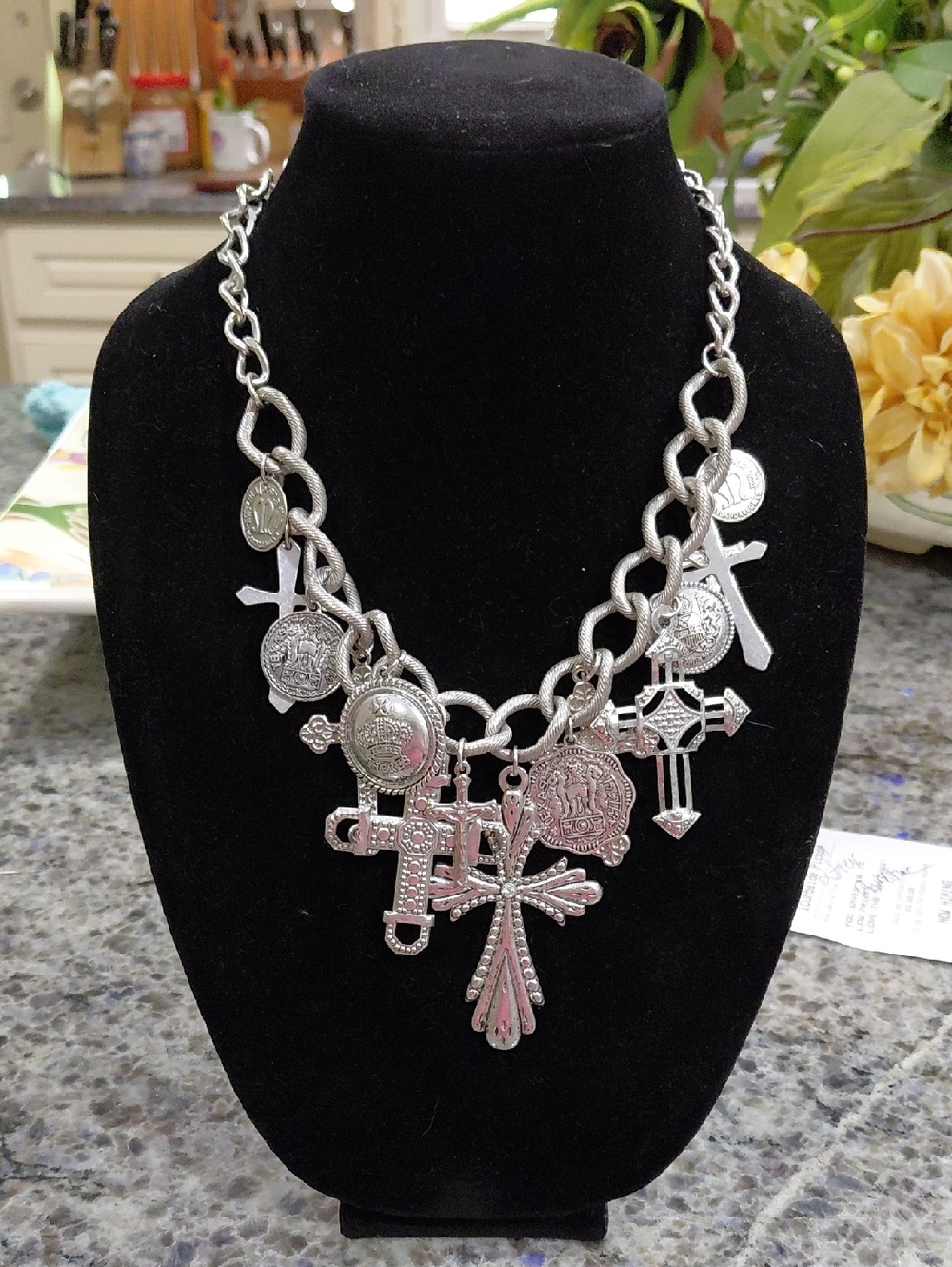 Silver-Tone Cross Charm Statement Necklace - Women Jewelry